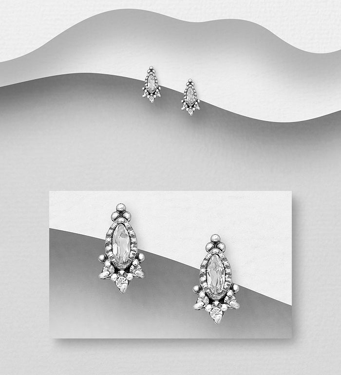 925 Sterling Silver Marquise Push-Back Earrings, Decorated with White Topaz