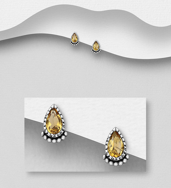 925 Sterling Silver Oxidized Droplet Push-Back Earrings, Decorated with Citrine