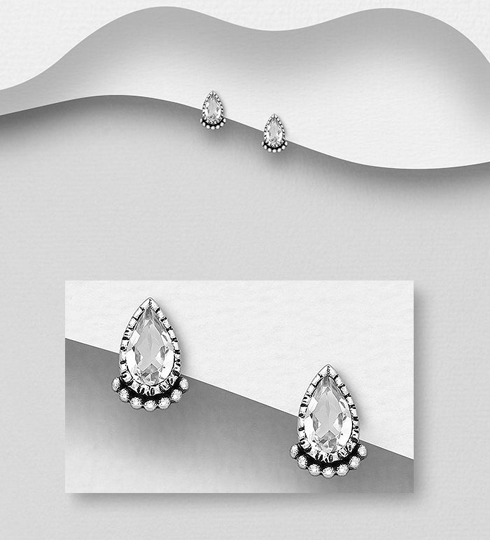 925 Sterling Silver Oxidized Droplet Push-Back Earrings, Decorated with White Topaz