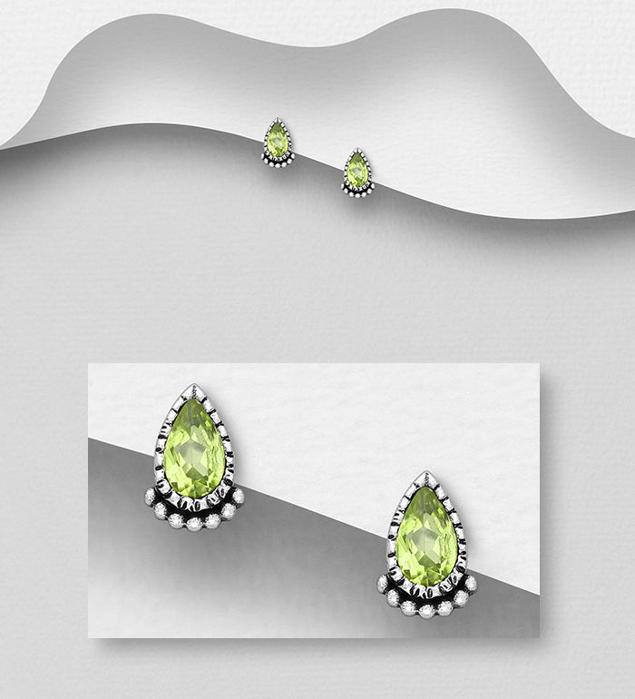 925 Sterling Silver Oxidized Droplet Push-Back Earrings, Decorated with Peridot