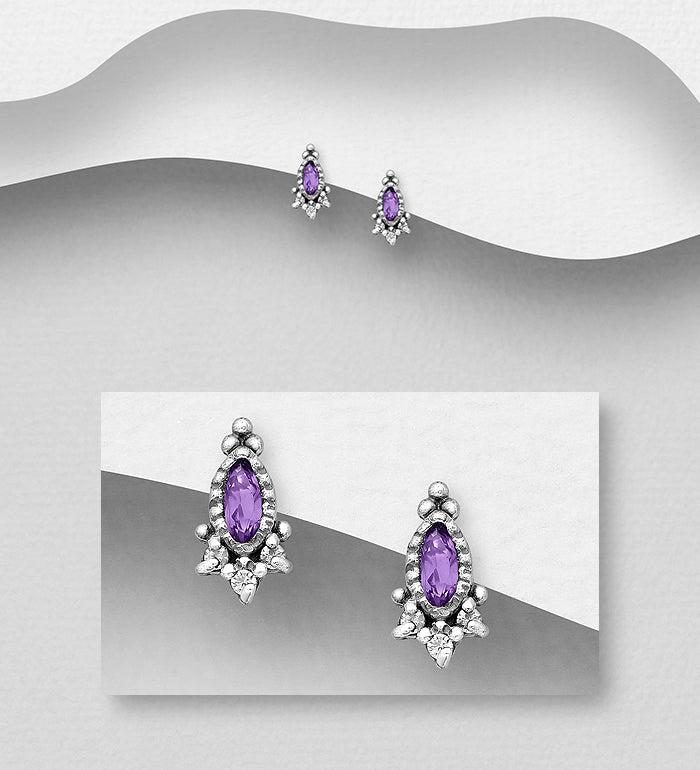 925 Sterling Silver Oxidized Push-Back Earrings, Decorated with Amethyst