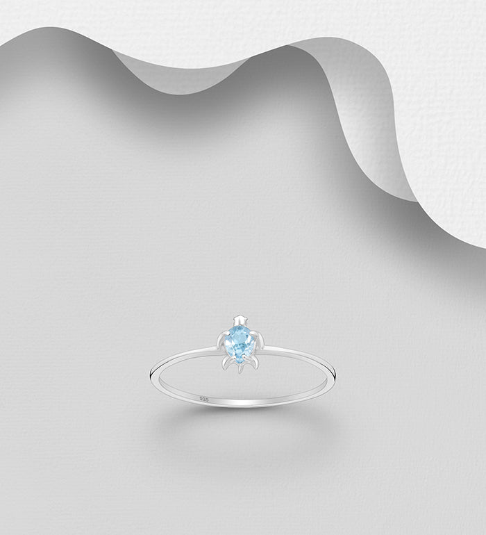 925 Sterling Silver Turtle Ring, Decorated with Swiss Blue Topaz
