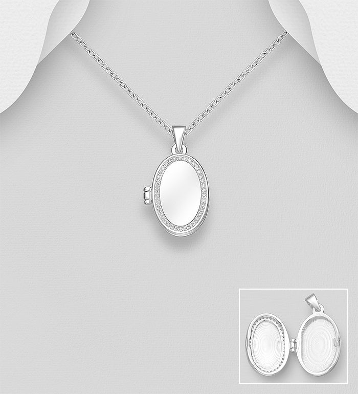 925 Sterling Silver Engravable Locket Pendant, Decorated with CZ Simulated Diamonds