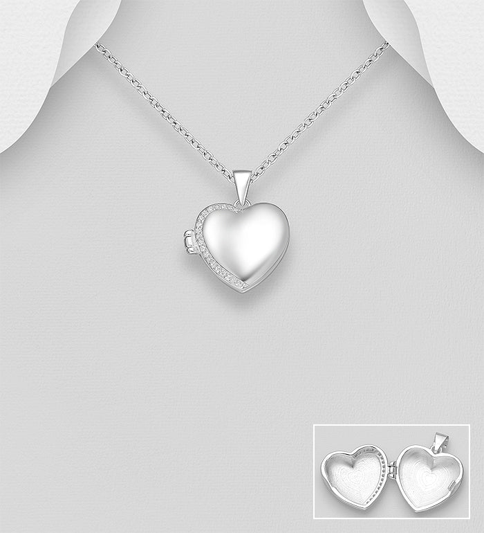 925 Sterling Silver Heart Engravable Locket Pendant, Decorated with CZ Simulated Diamonds