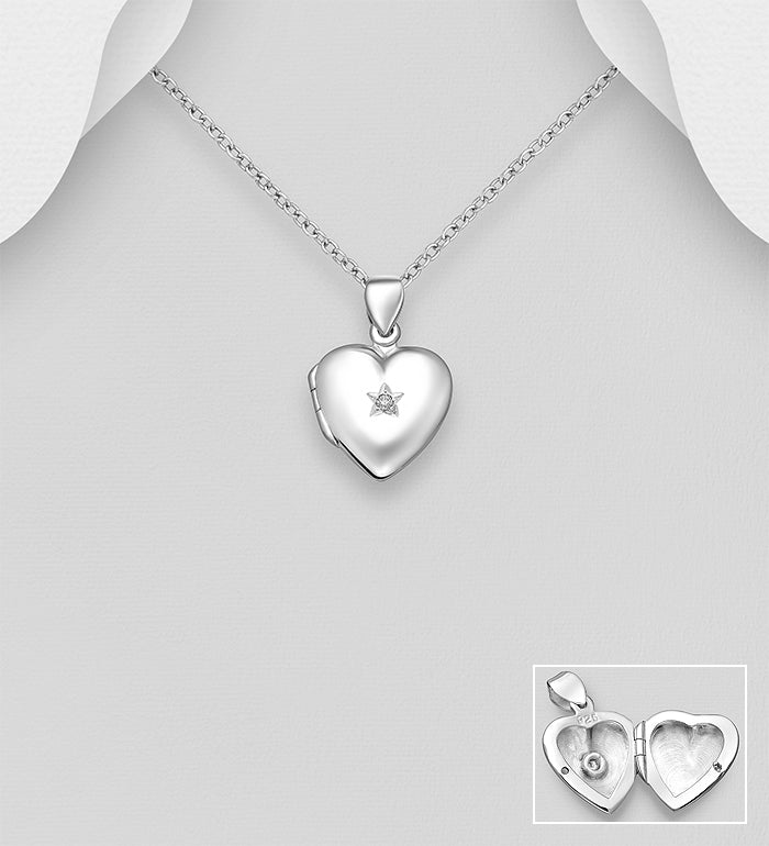 925 Sterling Silver Heart Locket Pendant, Decorated with CZ Simulated Diamond