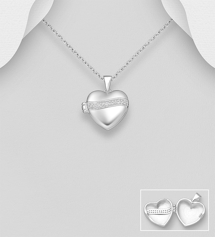 925 Sterling Silver Heart Locket Pendant, Decorated with CZ Simulated Diamonds