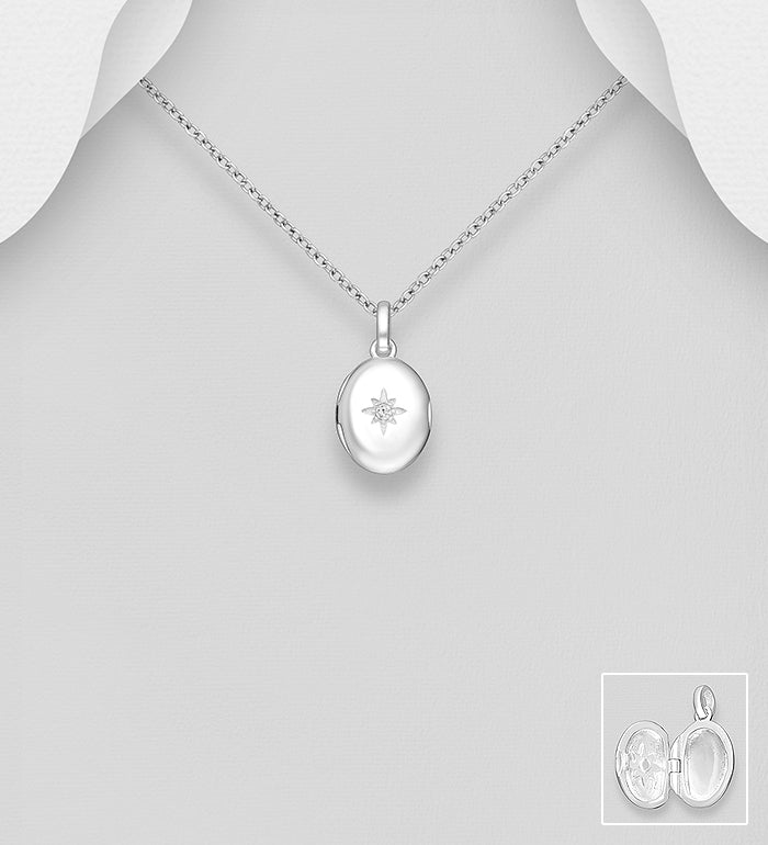 925 Sterling Silver Star Locket Pendant, Decorated with CZ Simulated Diamond