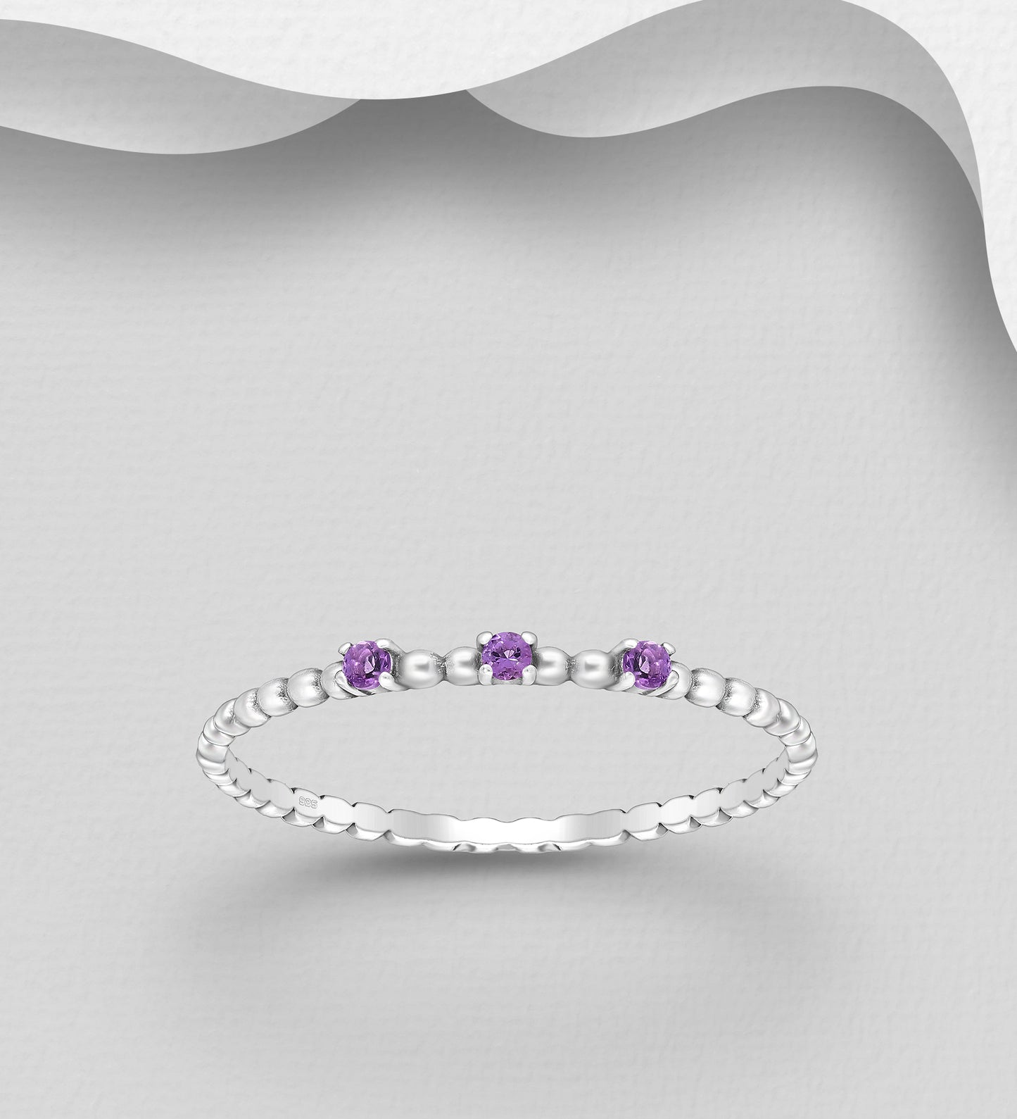 925 Sterling Silver Ring, Decorated with Three Amethyst Gemstones (Size L to R)
