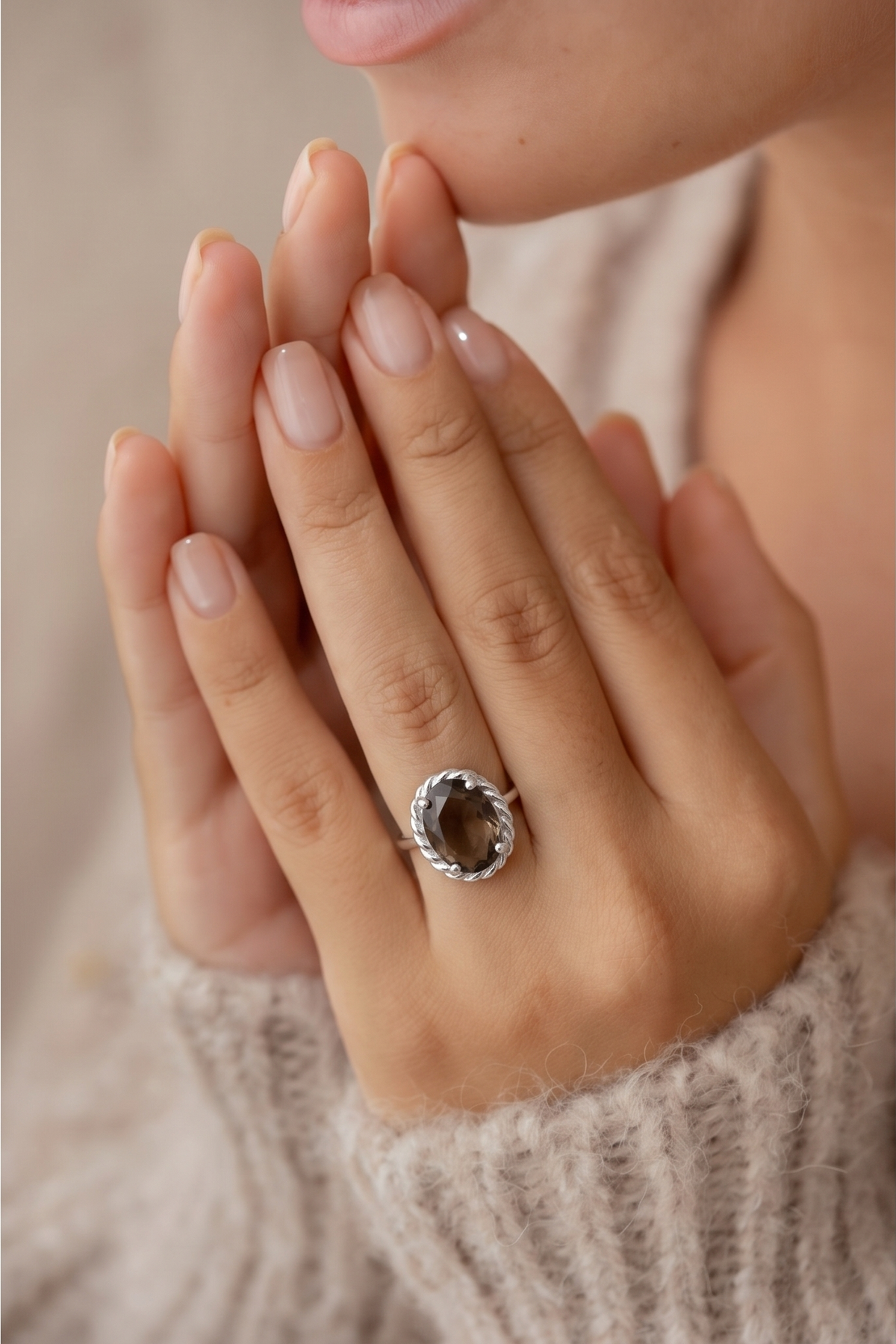 Handcrafted 925 Sterling Silver Smoky Quartz Solitaire Ring - Size R.5