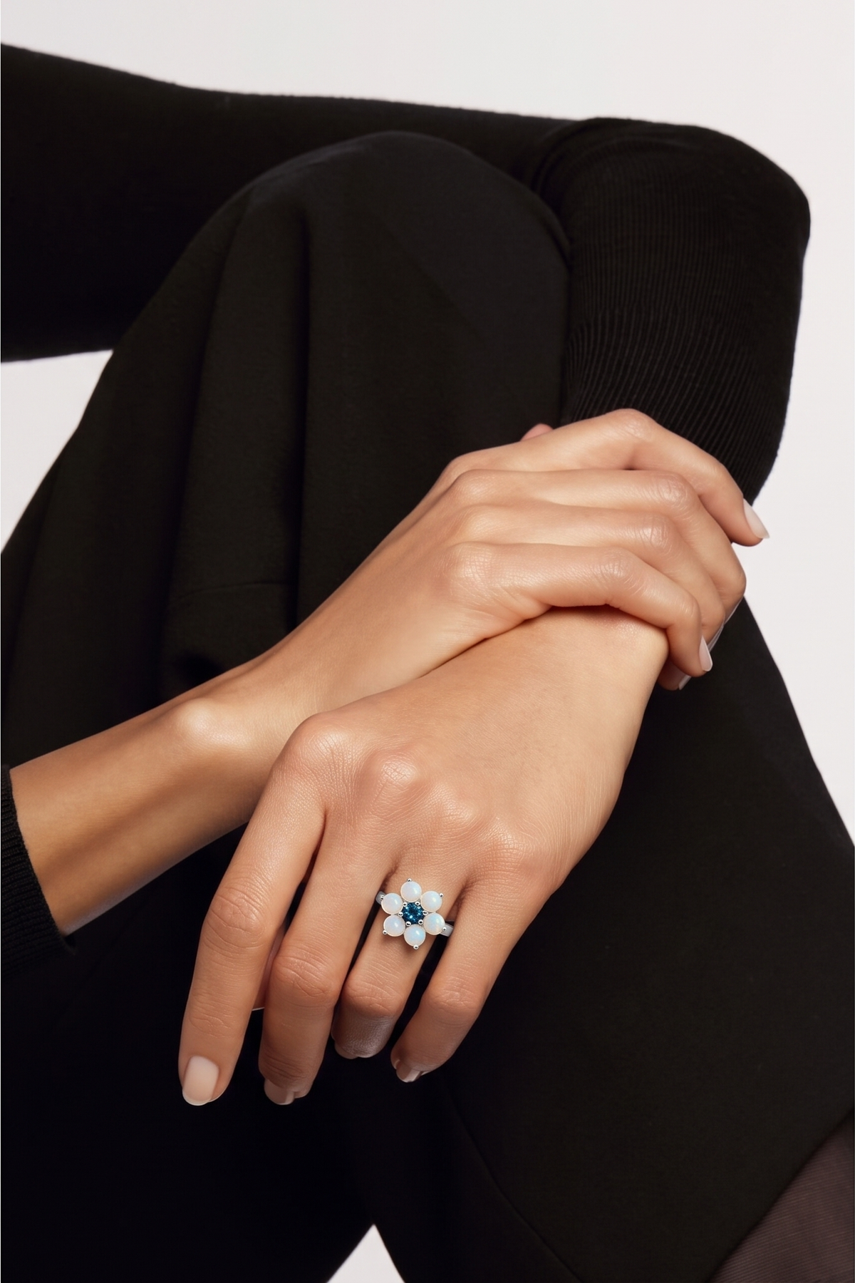 Handcrafted 925 Sterling Silver Flower Ring with London Blue Topaz and Ethiopian Opals