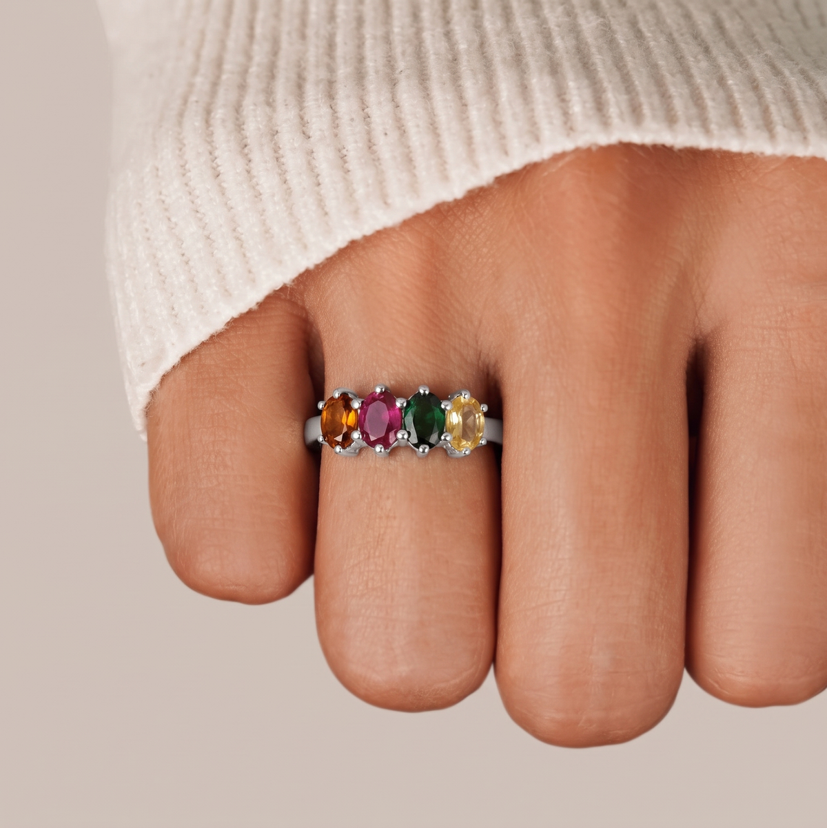 Handcrafted 925 Sterling Silver Multi Gemstone Half Eternity Band Ring
