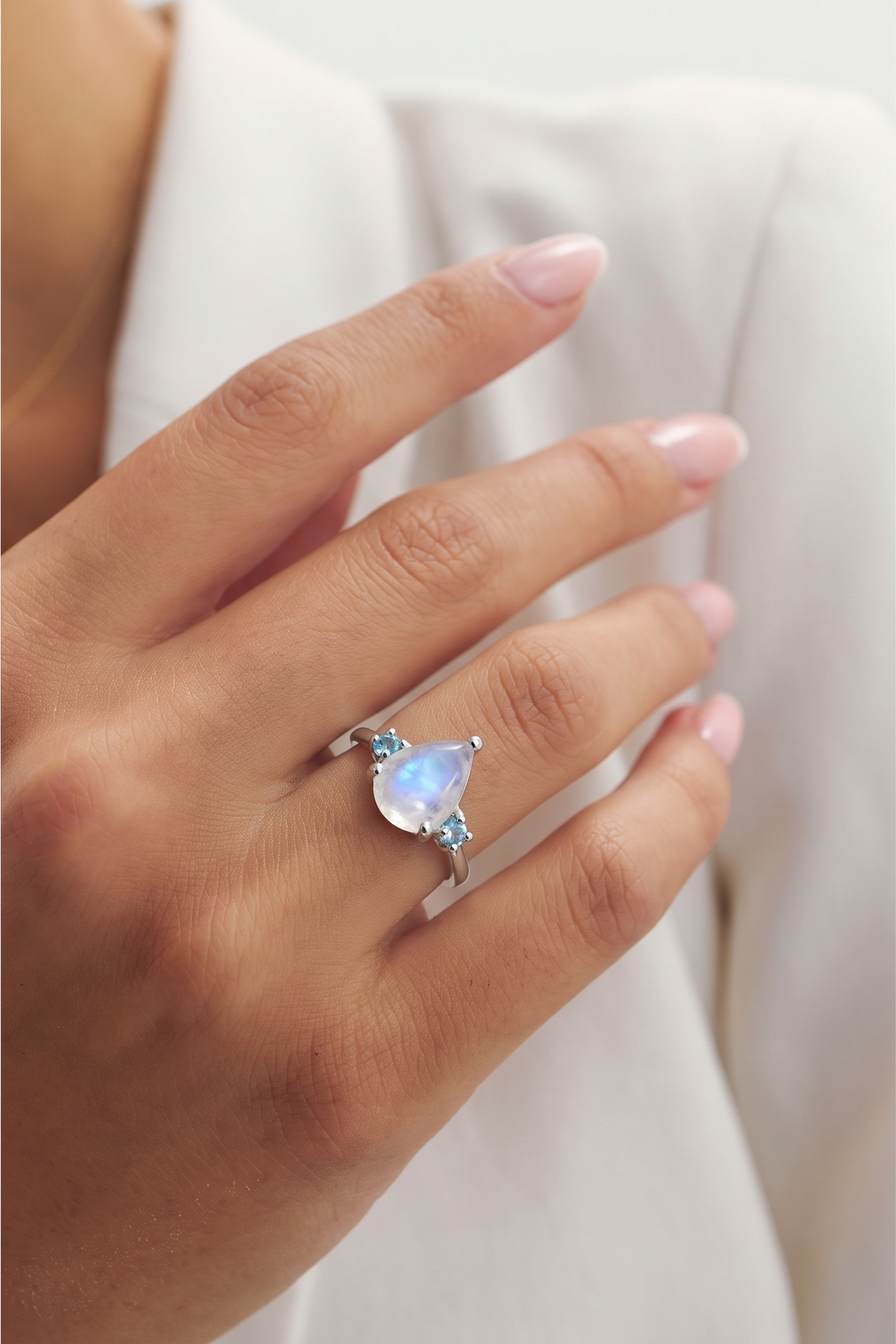 Handcrafted 925 Sterling Silver Rainbow Moonstone and Blue Topaz Teardrop Trilogy Ring