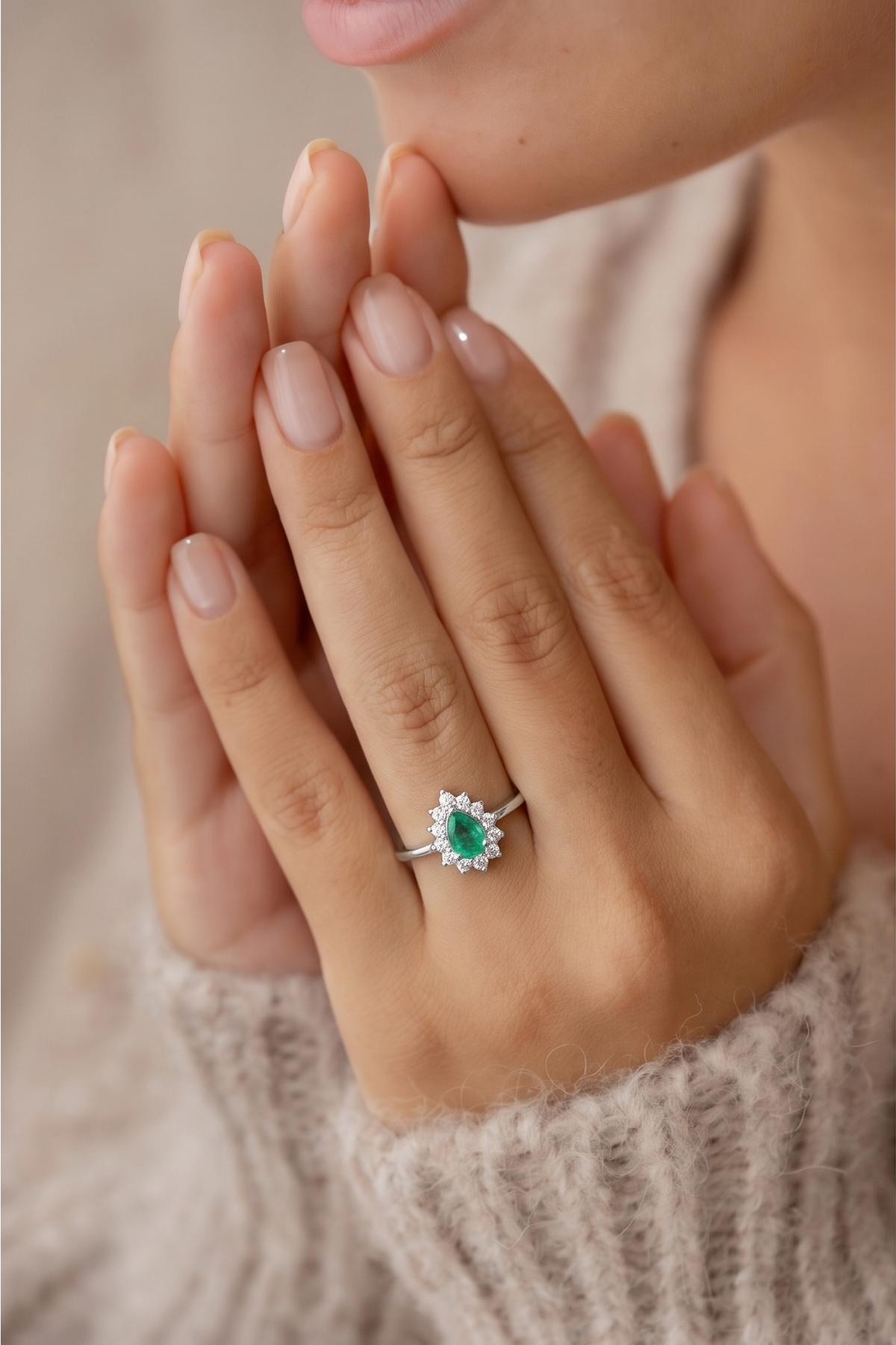 Handcrafted 925 Sterling Silver Emerald Teardrop Halo Ring