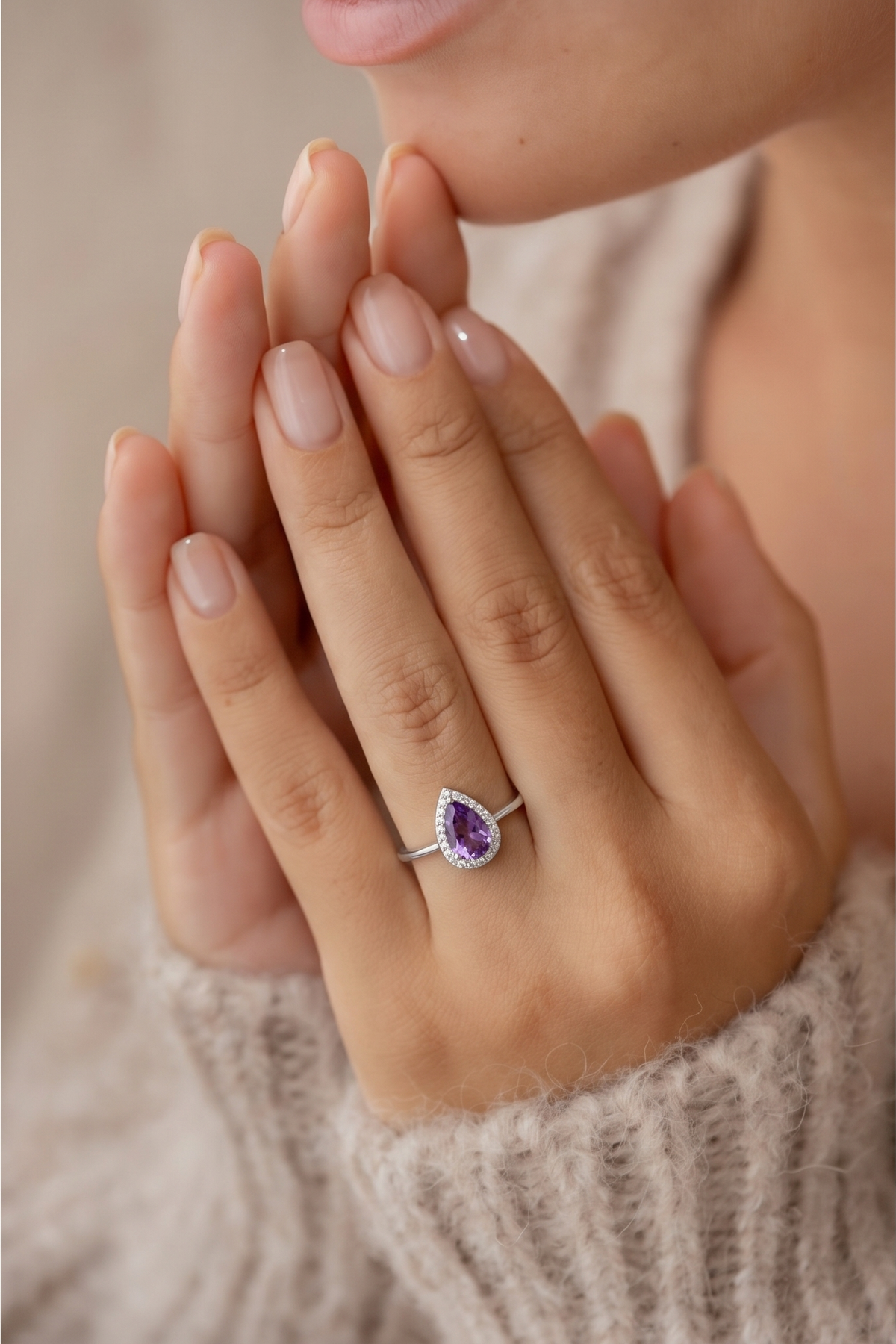 Handcrafted 925 Sterling Silver Amethyst Teardrop Halo Ring - Size L.5