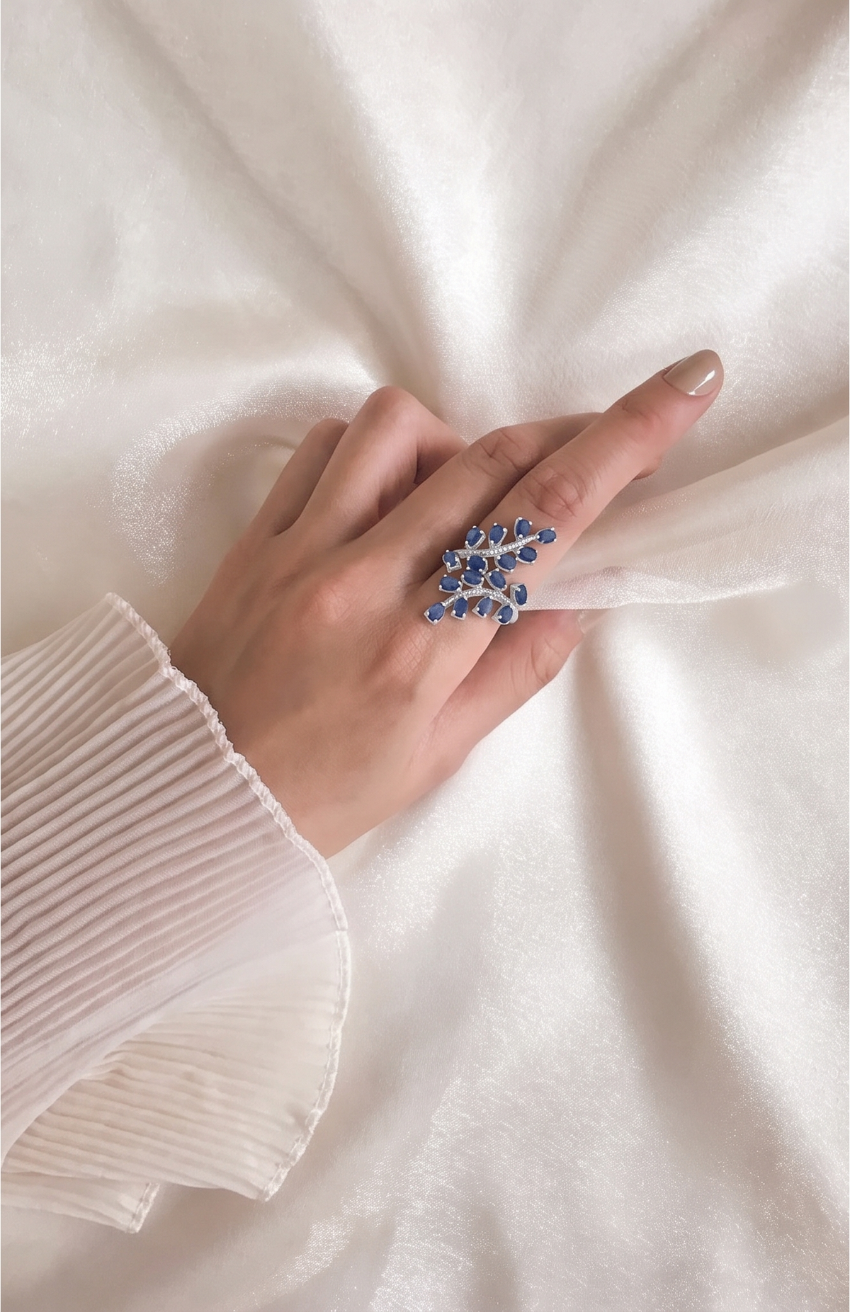 Handcrafted 925 Sterling Silver Blue Sapphire Leaf Ring - Size P.5
