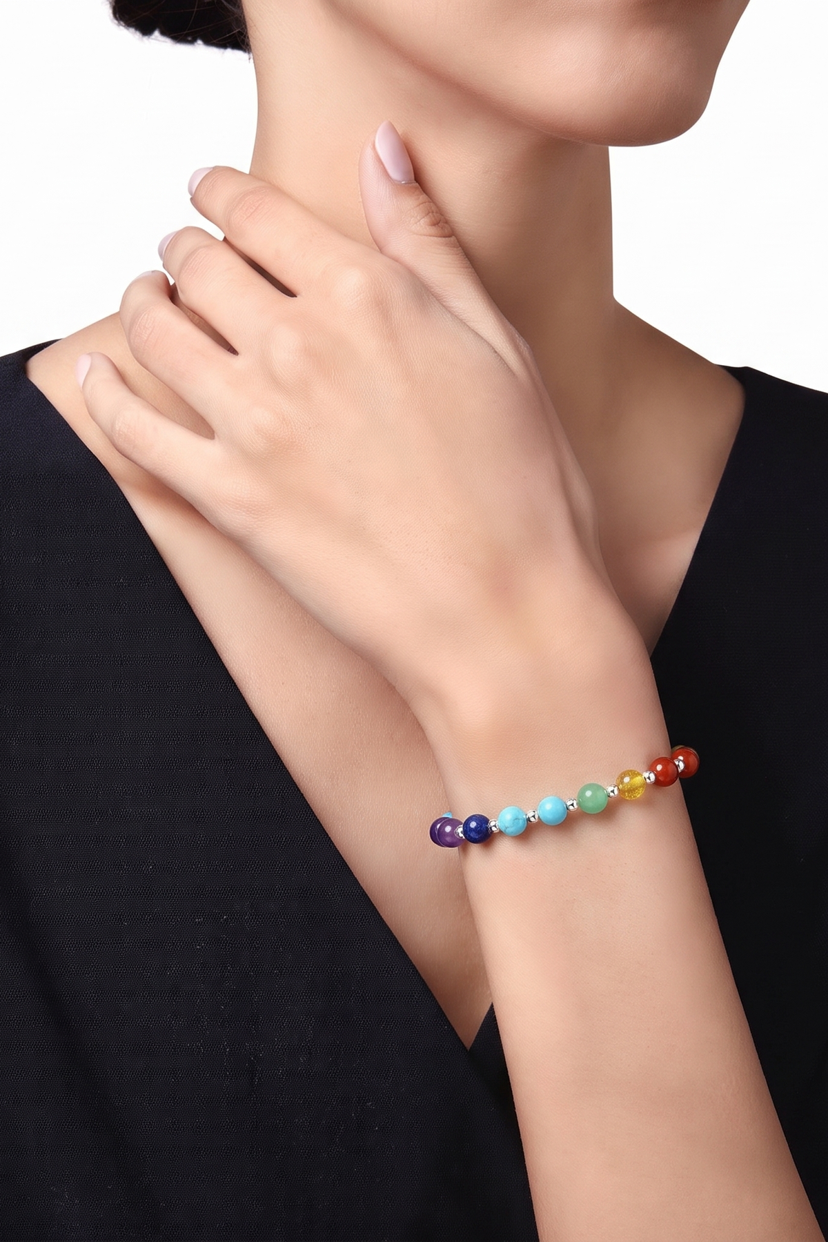 Handcrafted 925 Sterling Silver 925 Sterling Silver Rainbow Bracelet Beaded with Amethyst, Carnelian, Citrine, Green Aventurine, Jasper, Lapis Lazuli and Aquamarine