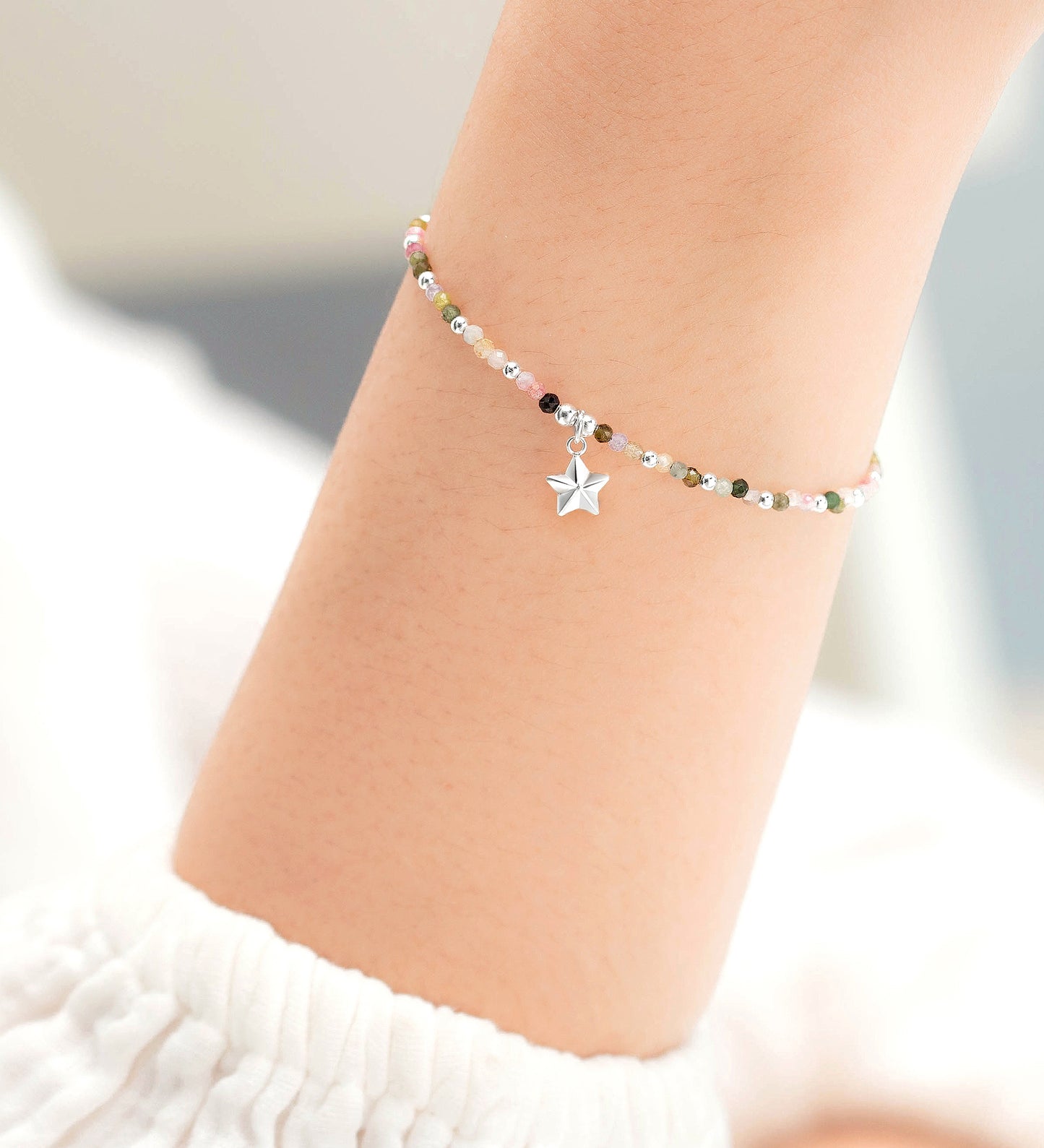 925 Sterling Silver Star Bracelet, Beaded with Tourmaline