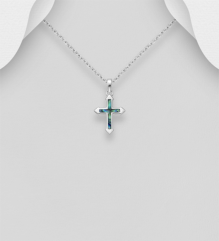 925 Sterling Silver Cross Pendant, Decorated with Shell