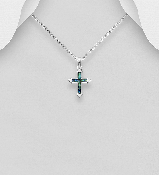 925 Sterling Silver Cross Pendant, Decorated with Shell