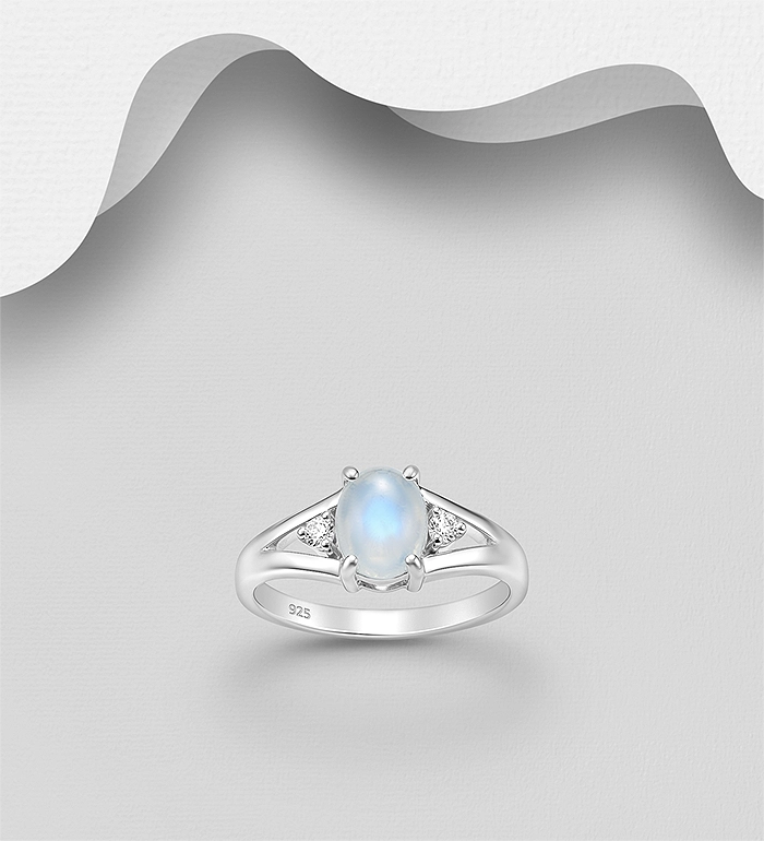925 Sterling Silver Ring, Decorated with Rainbow Moonstone and CZ Simulated Diamonds