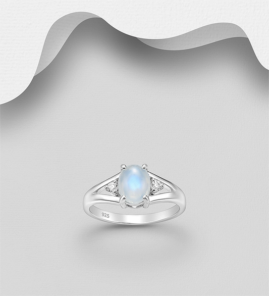 925 Sterling Silver Ring, Decorated with Rainbow Moonstone and CZ Simulated Diamonds