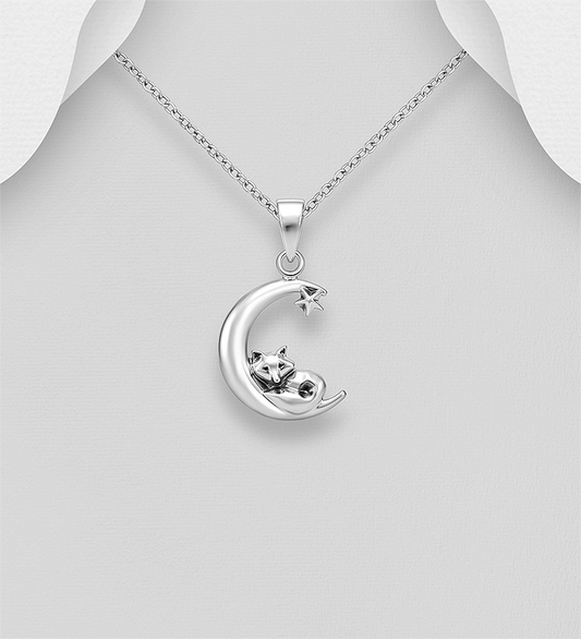925 Sterling Silver Oxidized Fox, Moon and Star Pendant