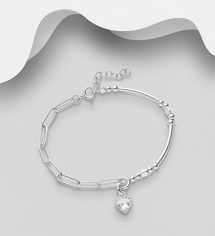 925 Sterling Silver Bracelet, Decorated with CZ Simulated Diamond Heart Charm