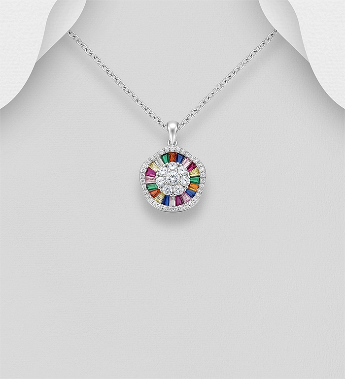 925 Sterling Silver Pendant, Decorated with Colorful Glass and CZ Simulated Diamonds