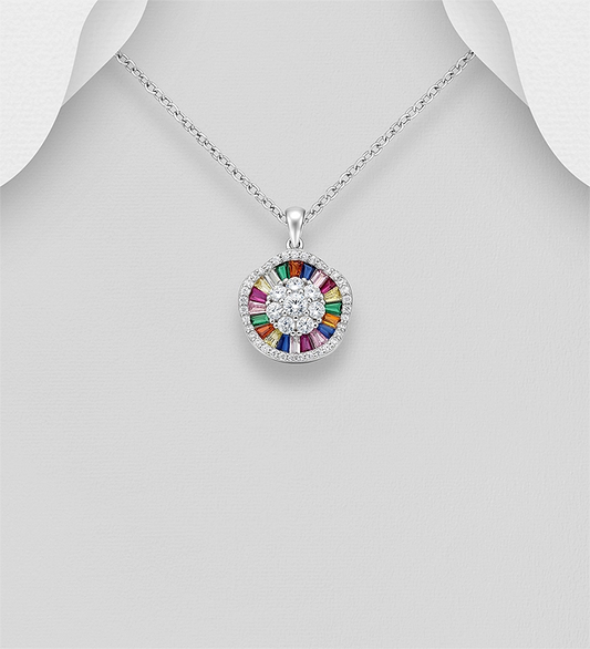 925 Sterling Silver Pendant, Decorated with Colorful Glass and CZ Simulated Diamonds