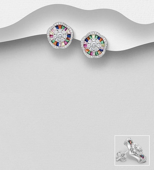 925 Sterling Silver Push-Back Earrings, Decorated with Colorful Glass and CZ Simulated Diamonds
