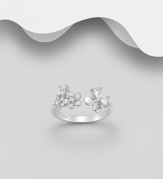 925 Sterling Silver Flower Ring, Decorated with CZ Simulated Diamonds