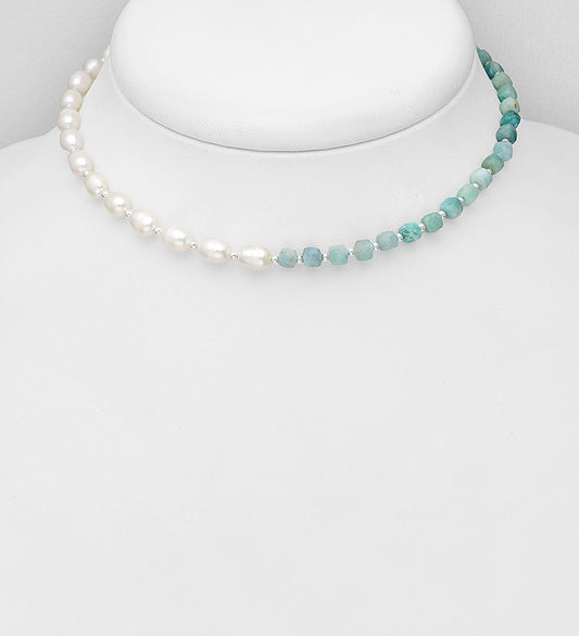 925 Sterling Silver Choker, Beaded with Freshwater Pearls and Various Gemstone Beads