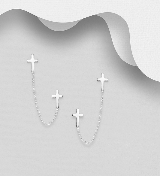 925 Sterling Silver Chain and Cross Push-Back Earrings