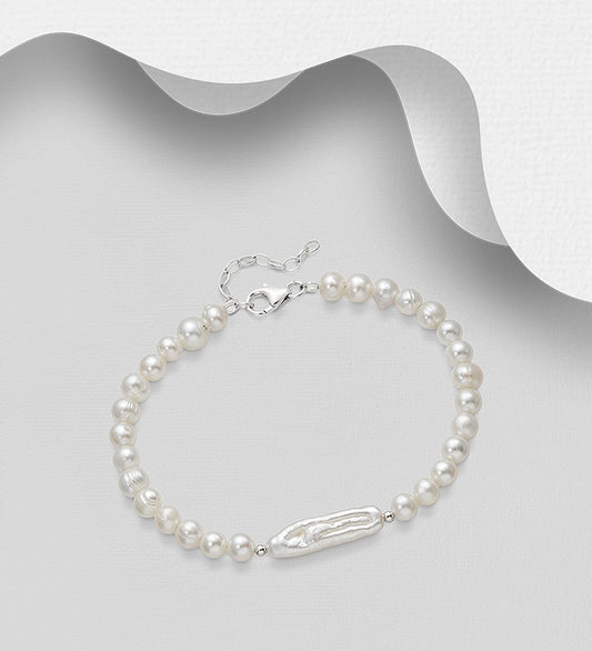 925 Sterling Silver Bracelet, Beaded with Freshwater Pearls