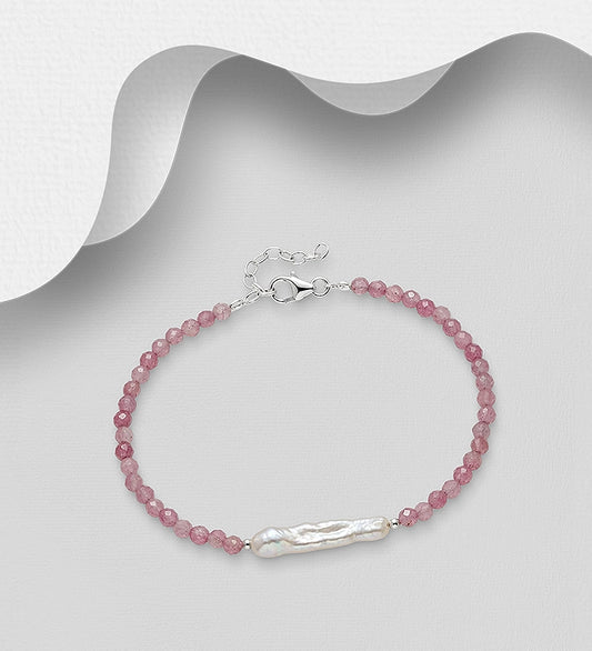 925 Sterling Silver Bracelet, Beaded with Freshwater Pearl and Various Gemstone Beads