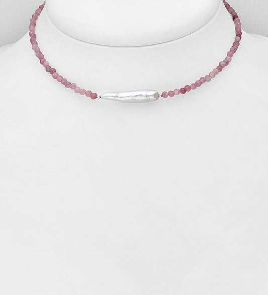 925 Sterling Silver Choker, Beaded with Freshwater Pearl and Various Gemstone Beads