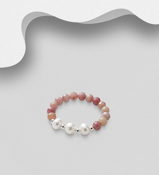 925 Sterling Silver Elastic Ring, Beaded with Freshwater Pearls and Varios Gemstone Beads