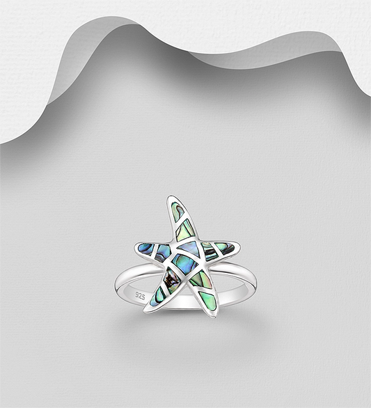 925 Sterling Silver Starfish Ring, Decorated with Shell