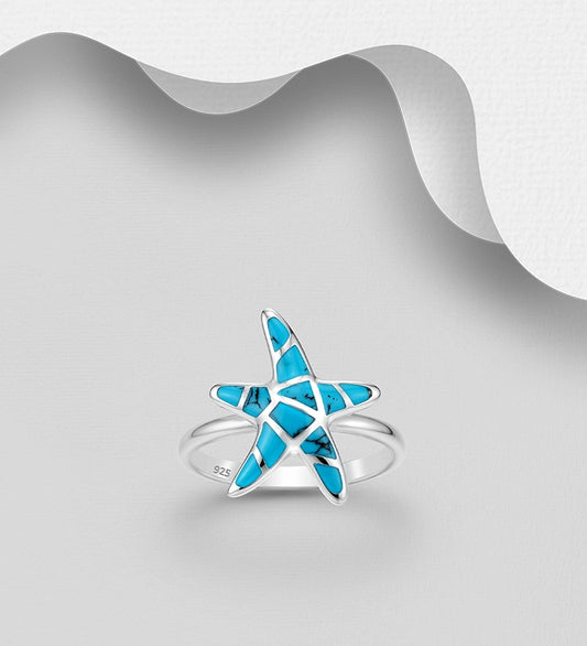 925 Sterling Silver Starfish Ring, Decorated with Resin