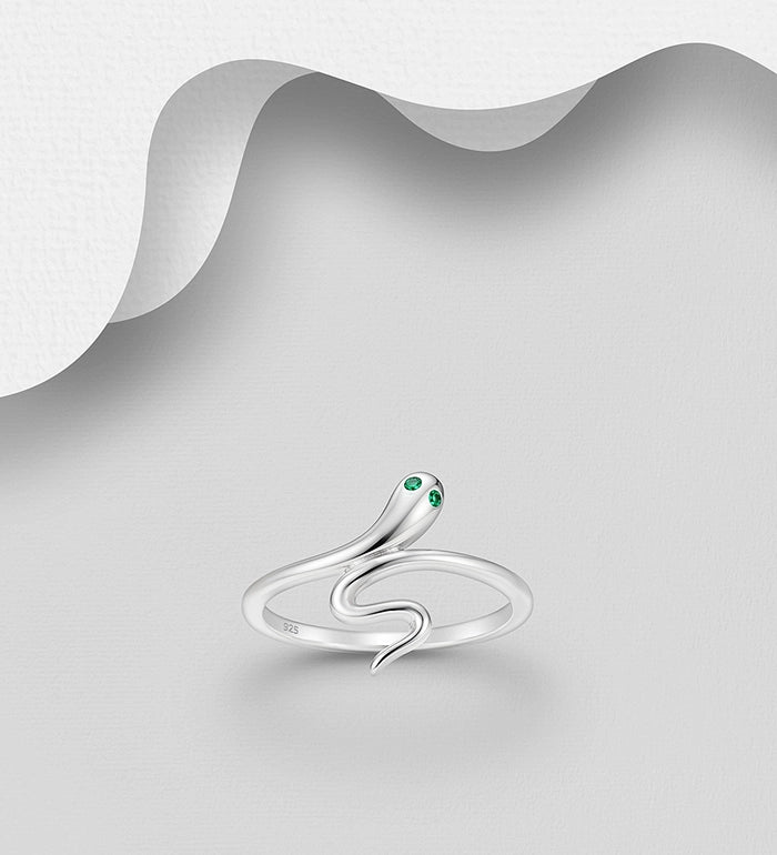 925 Sterling Silver Snake Ring, Decorated with CZ Simulated Diamonds