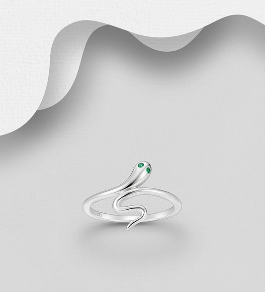 925 Sterling Silver Snake Ring, Decorated with CZ Simulated Diamonds