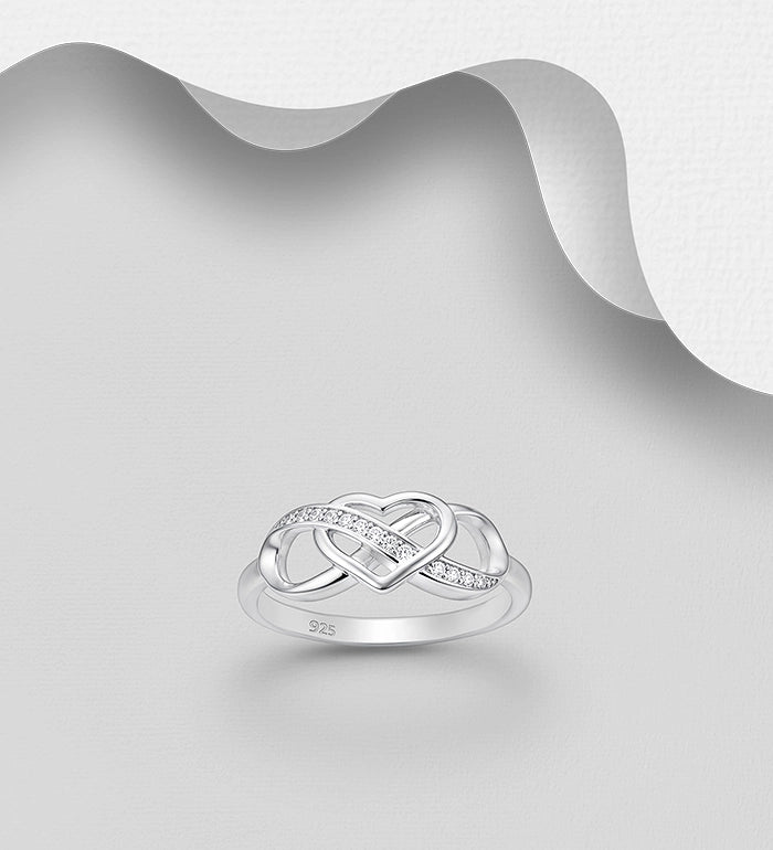 925 Sterling Silver Heart and Infinity Ring, Decorated with CZ Simulated Diamonds