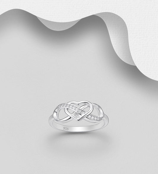 925 Sterling Silver Heart and Infinity Ring, Decorated with CZ Simulated Diamonds