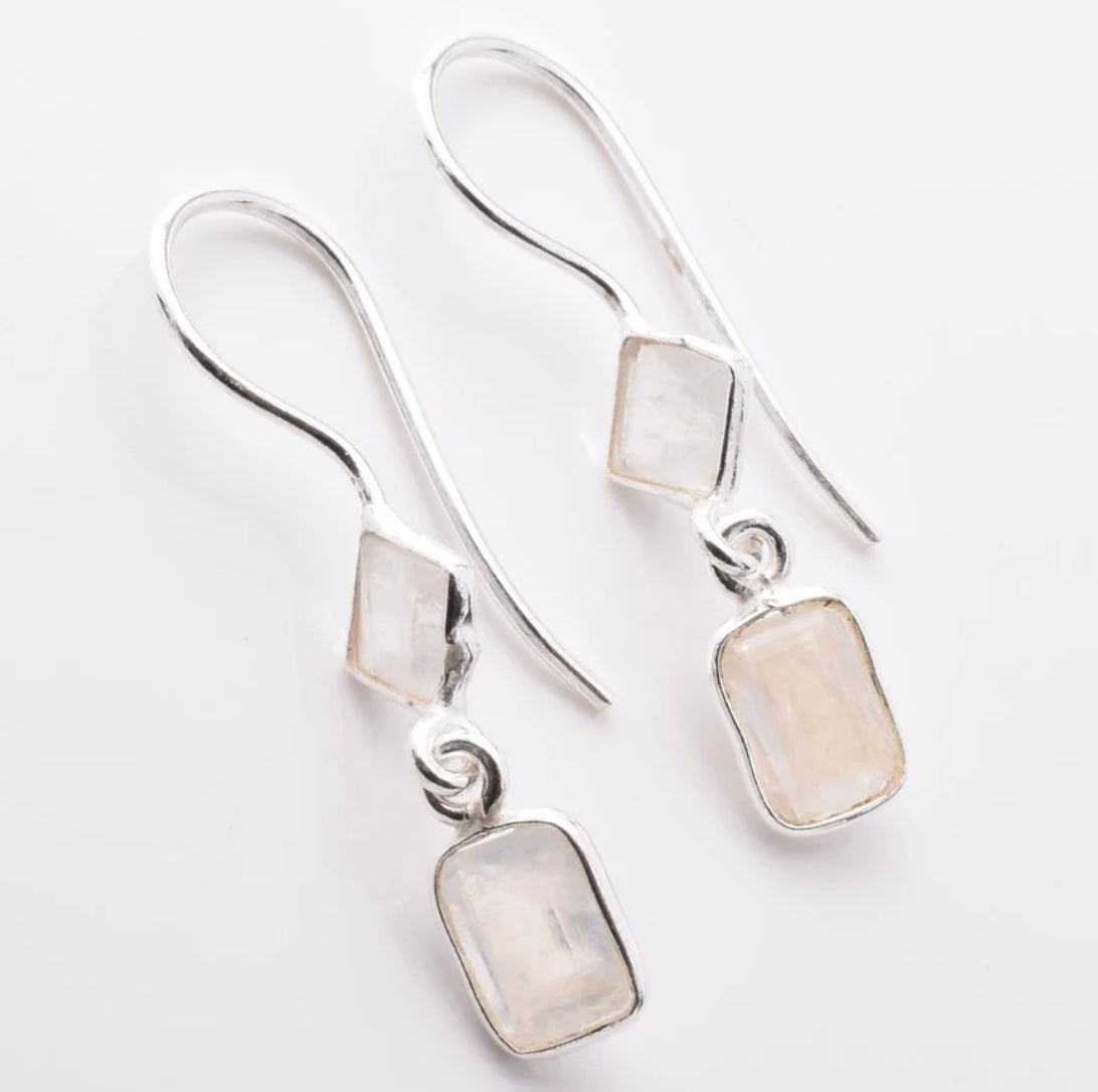Handmade 925 Sterling Silver faceted moonstone drop earrings