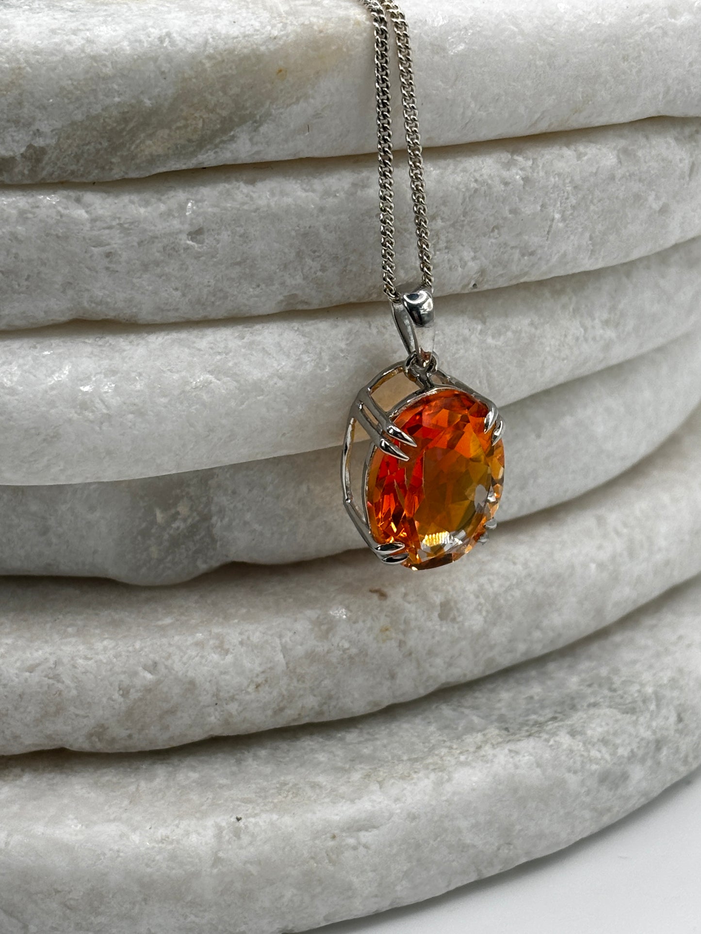 925 Sterling Silver Oval Cut Padparadscha Quartz Pendant on 45cm Chain