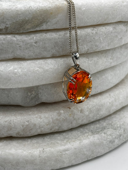 925 Sterling Silver Oval Cut Padparadscha Quartz Pendant on 45cm Chain