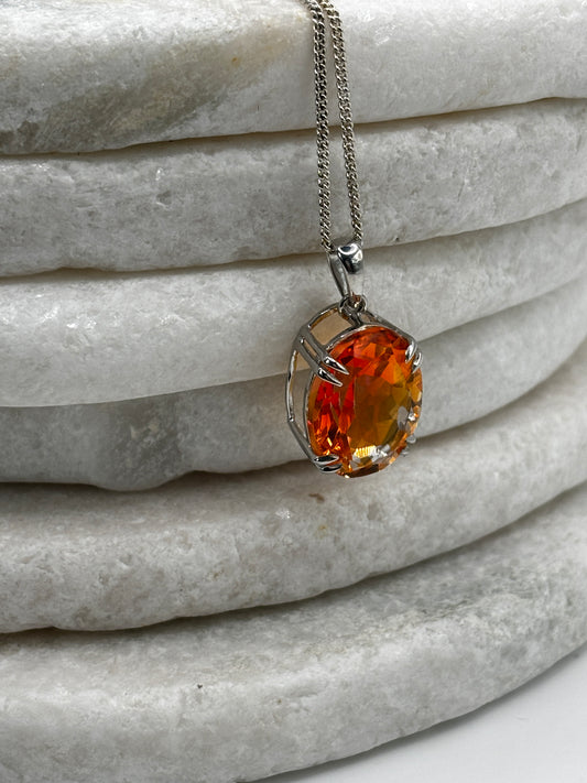 925 Sterling Silver Oval Cut Padparadscha Quartz Pendant on 45cm Chain