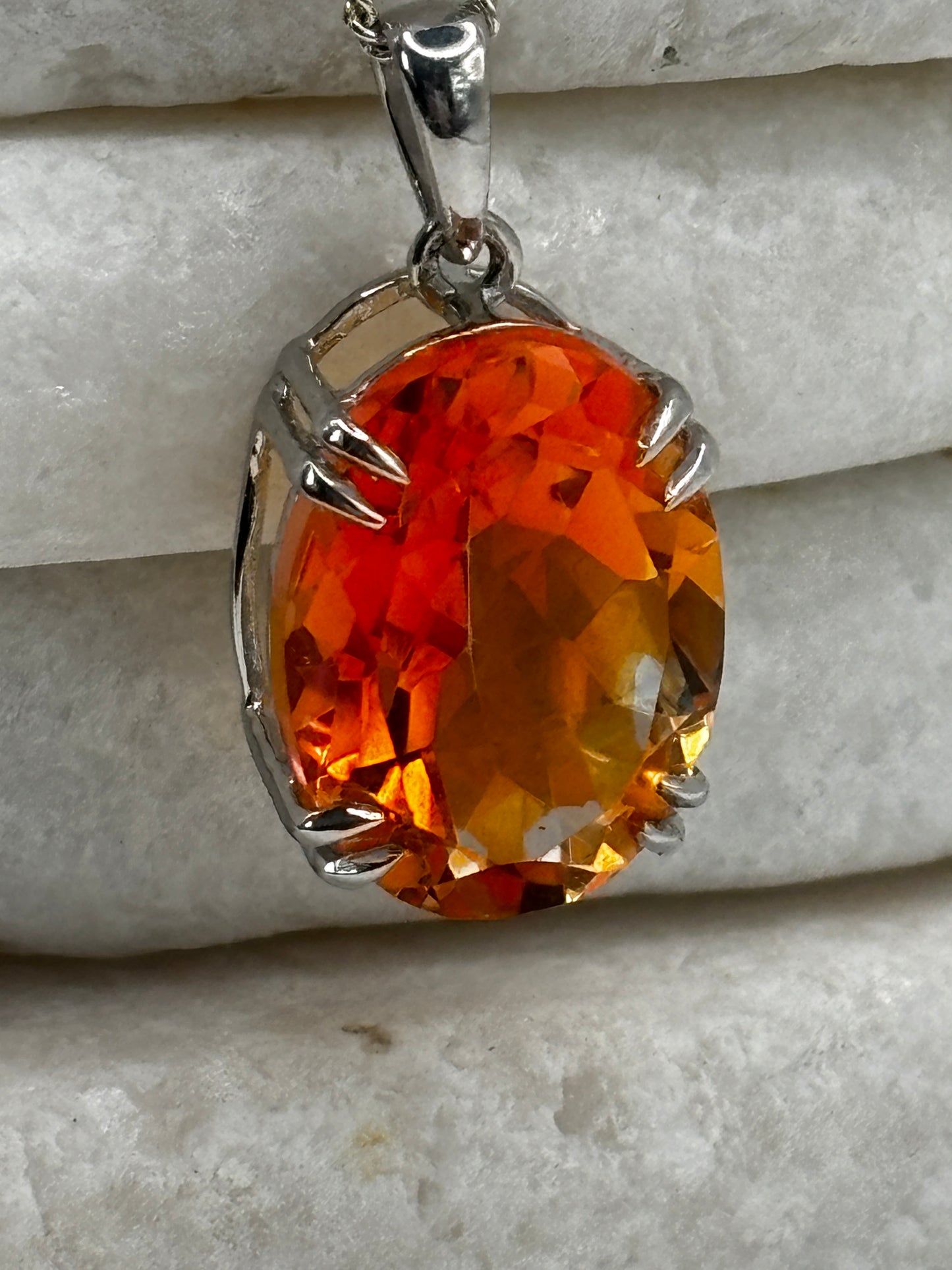 925 Sterling Silver Oval Cut Padparadscha Quartz Pendant on 45cm Chain