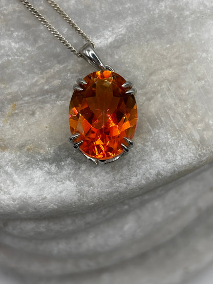 925 Sterling Silver Oval Cut Padparadscha Quartz Pendant on 45cm Chain
