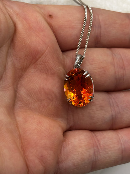 925 Sterling Silver Oval Cut Padparadscha Quartz Pendant on 45cm Chain